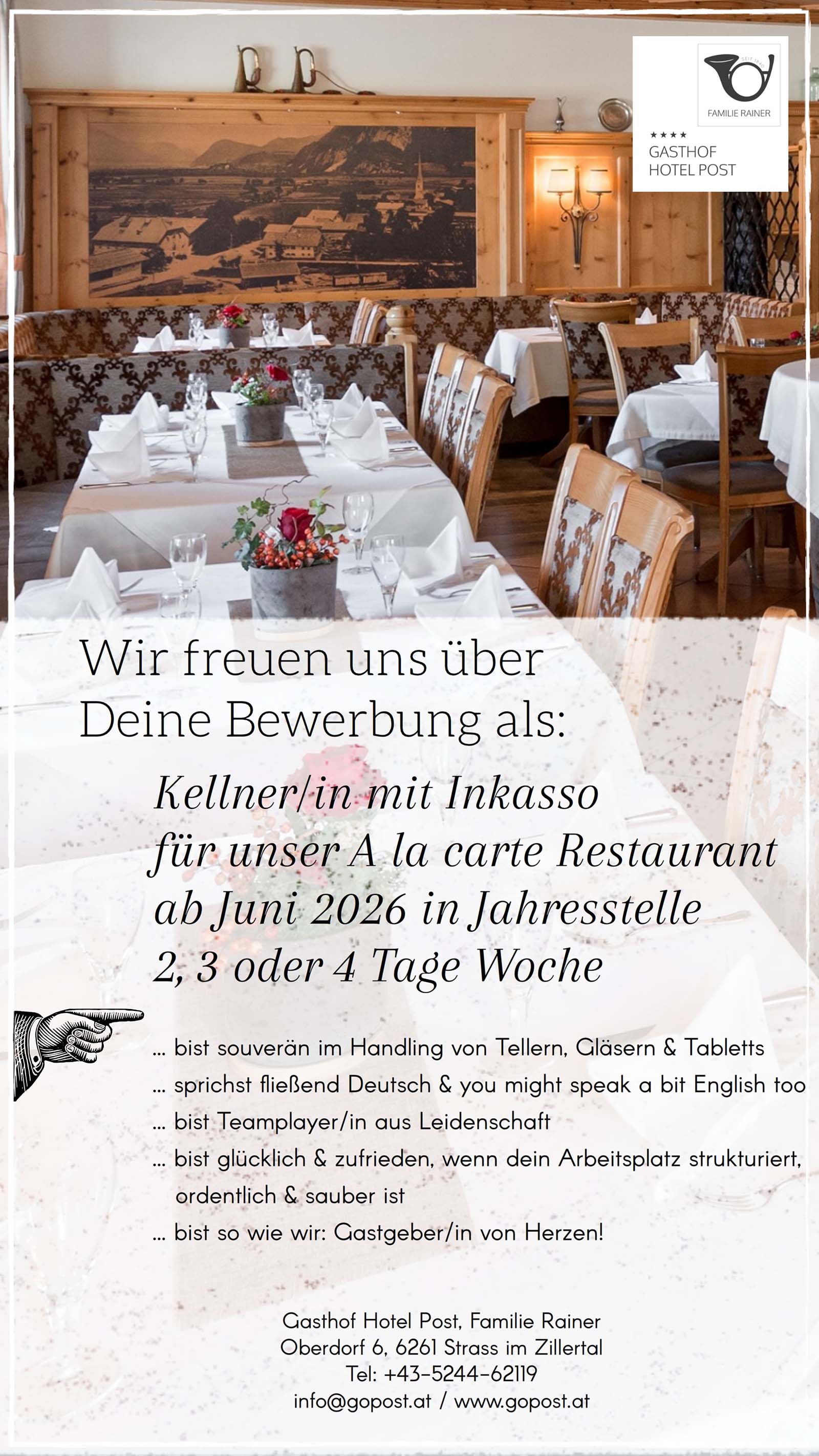 Gasthof Hotel Post Freie Stelle Kellner