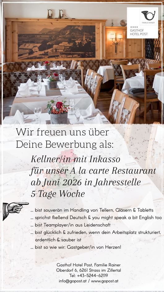 Gasthof Hotel Post Freie Stelle Kellner